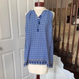 Blue Patterned Sleeveless halter neck tie front Blouse EUC LARGE